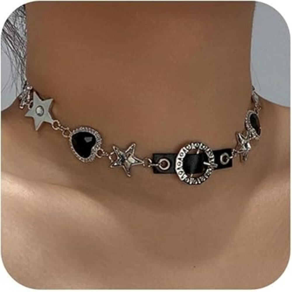 Punk Star Heart Necklace Women Black Necklace Chain Necklace Silver Black Goth‎